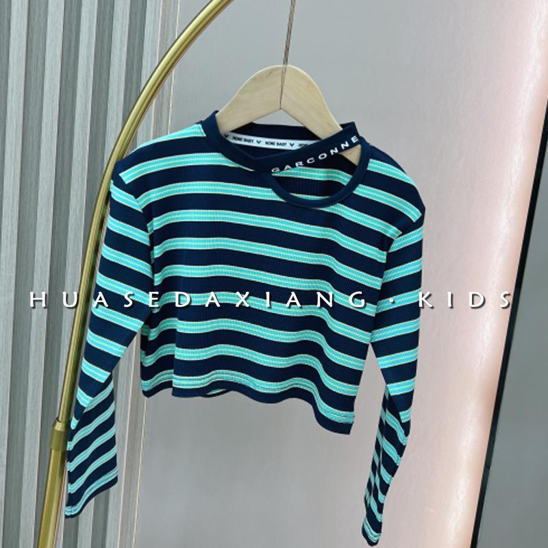 Áo Thun Tay Dài Hở Vai Họa Tiết Kẻ Sọc Thời Trang Mùa Thu Phong Cách Hàn Quốc Cho Bé Gái