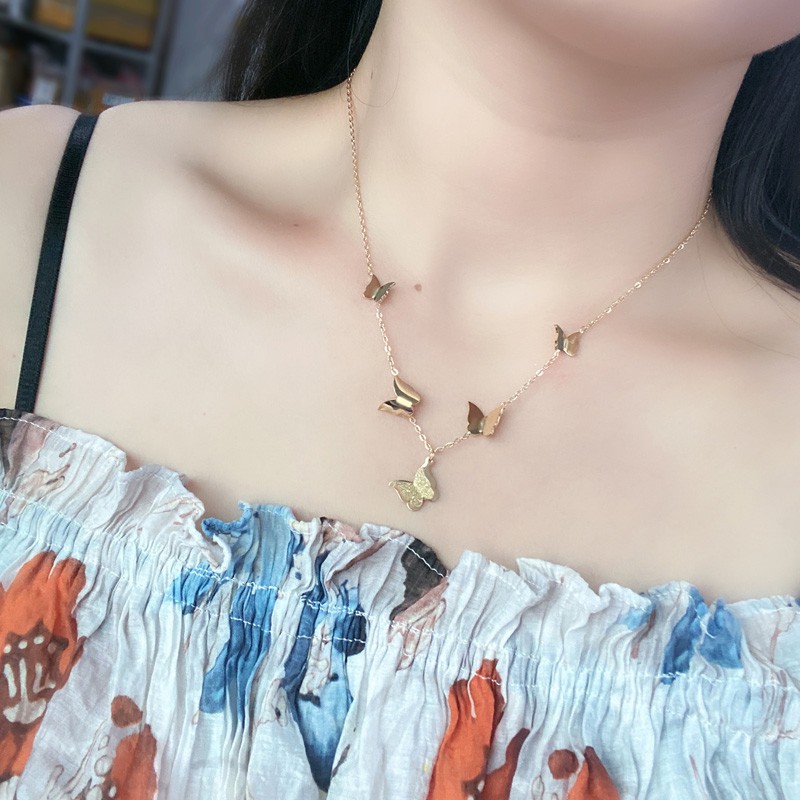 Dây Chuyền Thép Titan Mạ Vàng Hồng 18K Mặt Hình Bướm Phong Cách Hàn Quốc Chống Thấm Nước Thời Trang Cho Nữ