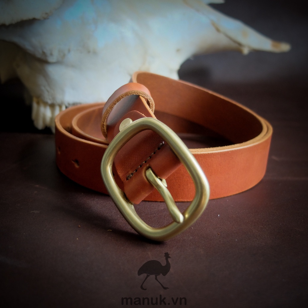 Thắt lưng da bò bảng nhỏ 3.0 cm - da bò Vachetta Ý - Handmade Khoá đồng đúc Manuk BF2 nâu bò