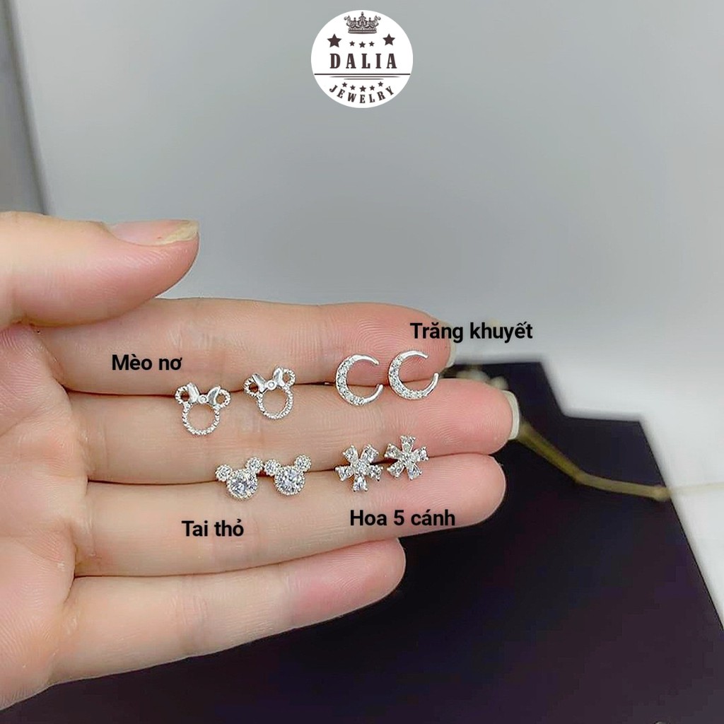 Bông tai bạc ý DaLiA Jewelry đủ loại cực xinh, nạm đá tấm chuẩn bạc S925, bông tai trăng khuyết, 5 cánh, hình thỏ