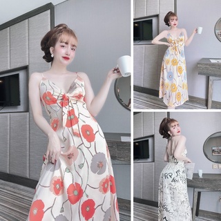 Đầm maxi 2 dây thắt nơ lụa latin mềm mát, váy maxi hè