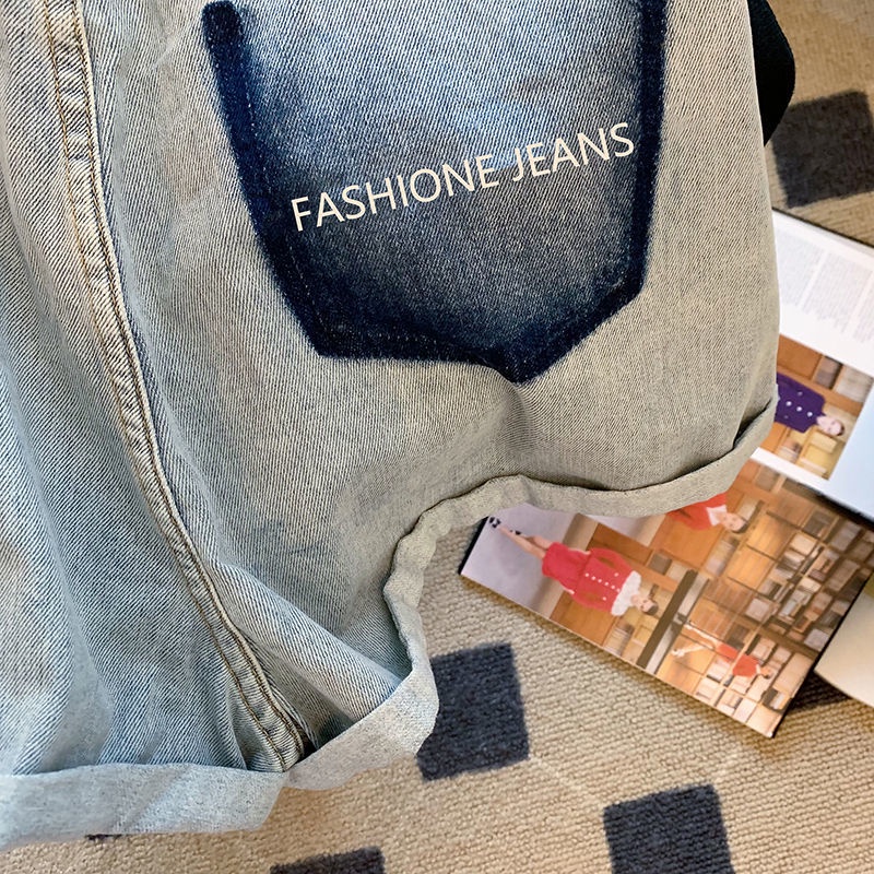 Quần Short Denim Lưng Cao Ống Rộng Dáng Chữ A Màu Sắc Tương Phản Thời Trang Mùa Hè Cho Nữ