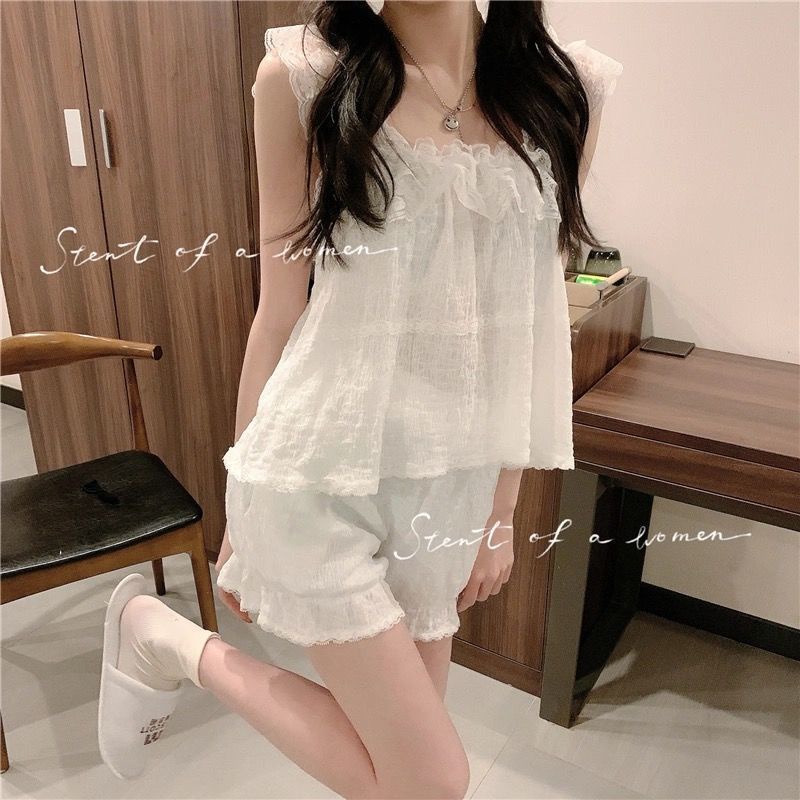 Jiashucheng Bộ Đồ Ngủ Hai Dây Phối Ren Kiểu Công Chúa Xinh Xắn Thời Trang Mùa Hè Cho Nữ