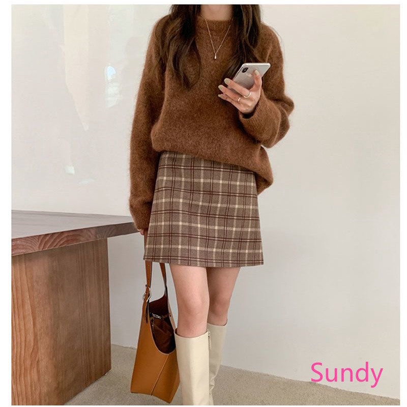 Plus Chân Váy Len Chữ A Lưng Cao Kẻ Sọc Ca Rô Kiểu Vintage Hàn Quốc Thời Trang Thu Đông Cho Nữ