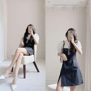 Váy sơ mi trắng phối 2 dây đen by Samhyewear