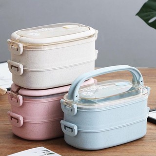 Hộp Đựng Cơm Giữ Nhiệt 2 Tầng Kèm Đũa Muỗng Nĩa Nhựa PP Lúa Mạch Có Thể Dùng Cho Lò Vi Sóng
