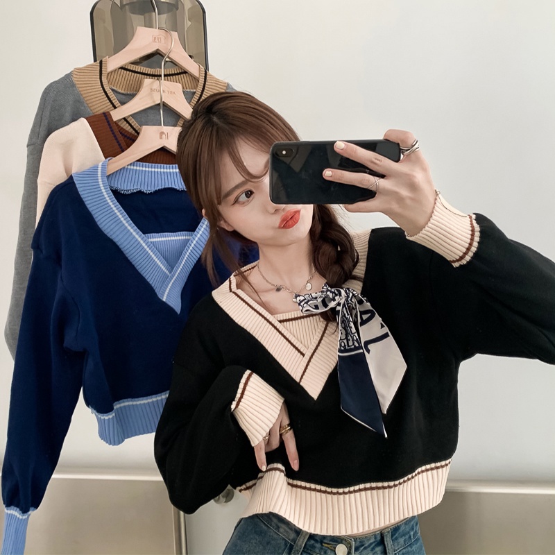 Áo sweater dáng ngắn màu sắc tương phản thời trang phong cách retro cho nữ