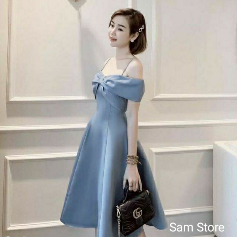 Đầm Xoè Rớt Vai Nơ Ngực Màu Xanh Vải Umi