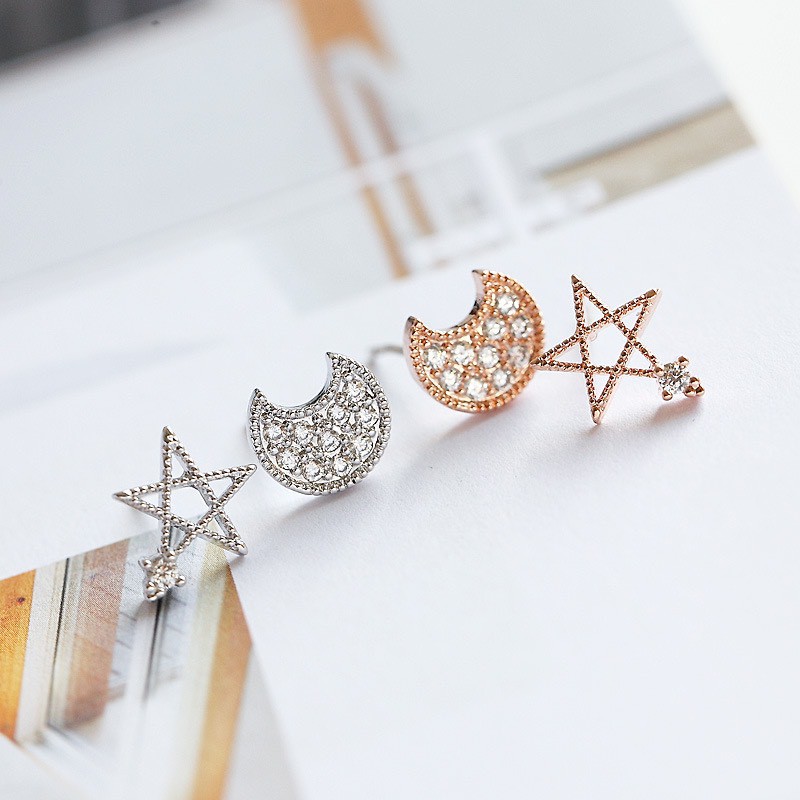 Khuyên tai bạc 925 trăng và sao đính đá nhỏ nhắn dễ thường trẻ trung đáng yêu K5568-2
