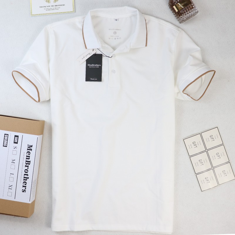 Áo thun nam Polo cao cấp cổ bẻ MENBROTHERS AMR021 vải cá sấu cotton phong cách trẻ trung, chuẩn form màu trắng phối viền