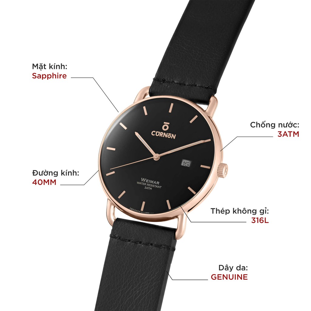 Đồng hồ nam Curnon Weimar Paul dây da chính hãng, thiết kế 3 kim thời trang dễ đeo