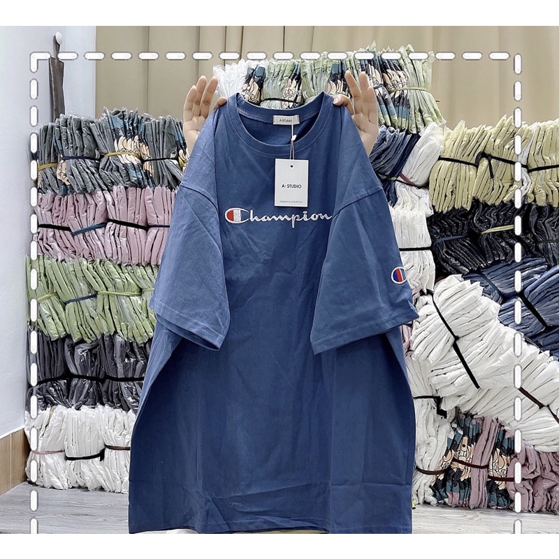 Áo phông tay lỡ chữ champi form rộng