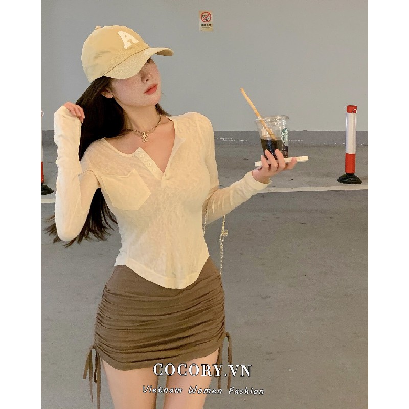 【Cocory】 Áo crop top tay dài cổ chữ V dáng ôm quyến rũ / Chân váy lưng cao thời trang