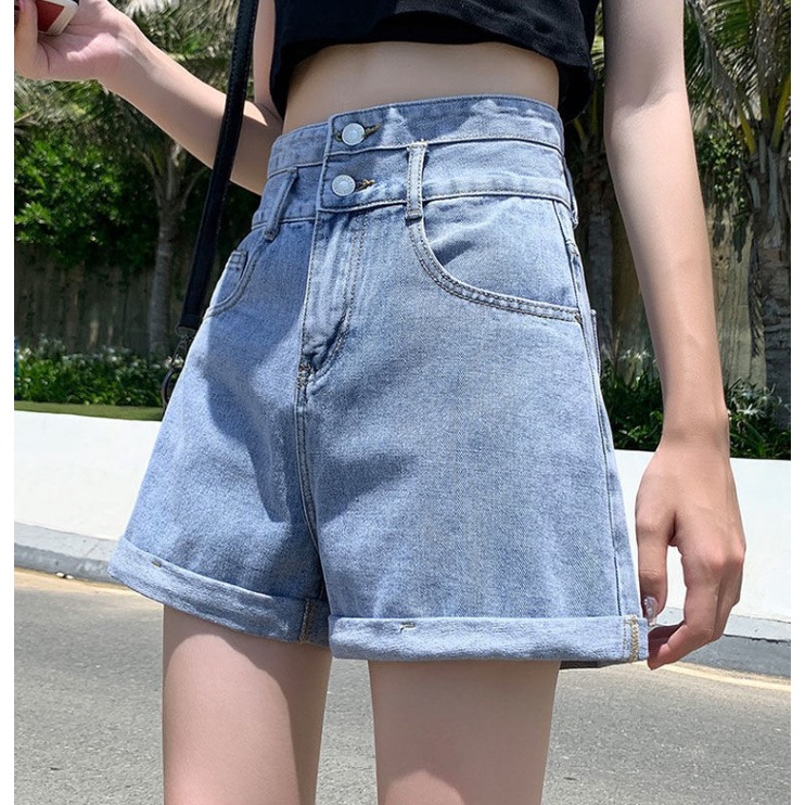 Quần Short Denim Lưng Cao Ống Rộng Thoáng Khí Cho Nữ