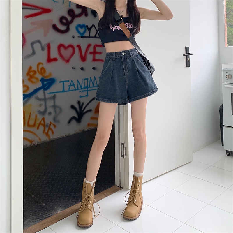 QOEDDV Quần Short Denim Chữ A Lưng Cao Ống Rộng Phong Cách Hong Kong Cho Nữ