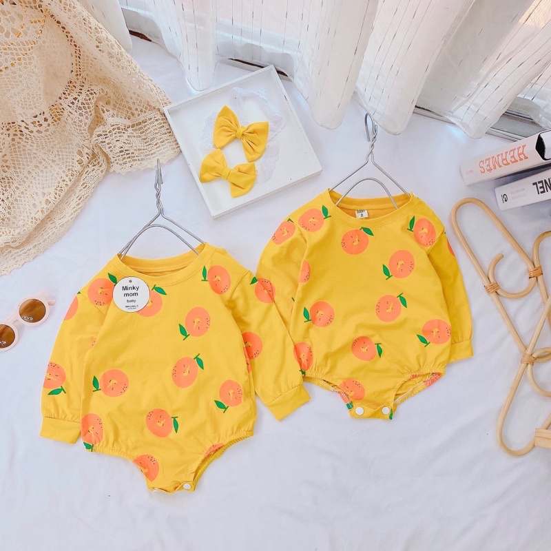 Bodysuit Dài Tay Quả Cam Cotton Cho Bé Gái Sơ Sinh 0-12 Tháng Kèm Turban, Váy Đầy Tháng, Bodysuit Sơ Sinh.