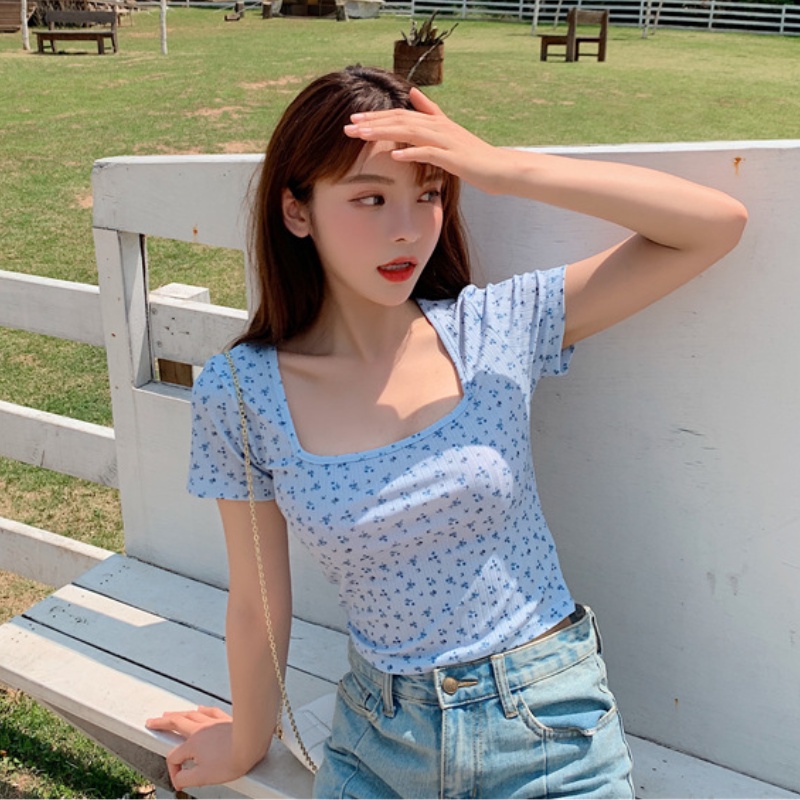 Áo Thun NgắN Tay Cổ Vuông In Hoa Phong CáCh HàN QuốC JL-TX-404