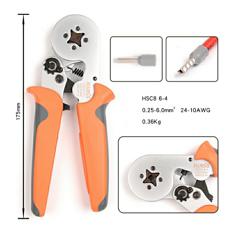 Kìm bấm cos vuông IWISS HSC8 6-4 tự điều chỉnh cos ống tròn cos pin hàng chính hãng, bấm các đầu ống tròn đầu cos pin