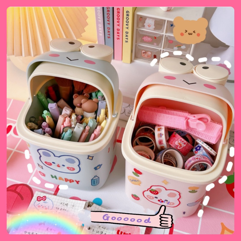Sọt rác mini để bàn hình Ếch, giỏ đựng nhựa có nắp đậy tiện lợi dùng cho văn phòng, tặng kèm sticker dễ thương