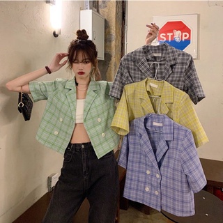Áo Khoác Vest Tay Ngắn Họa Tiết Sọc Caro Thời Trang Cho Nữ