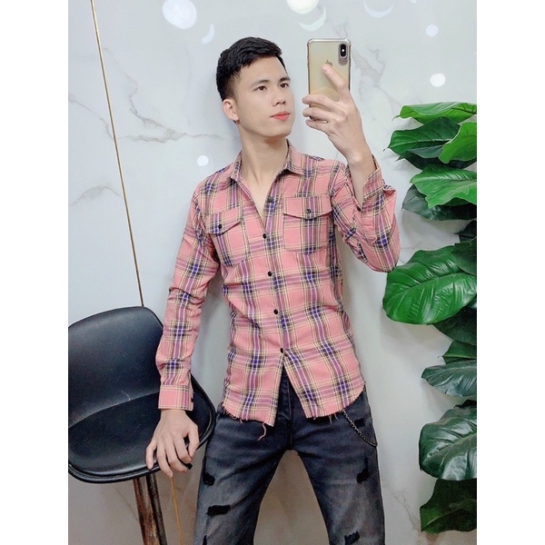 Áo sơ mi kẻ 2 túi ngực , sơ mi nam kẻ pha màu giá dễ phối đồ -T016