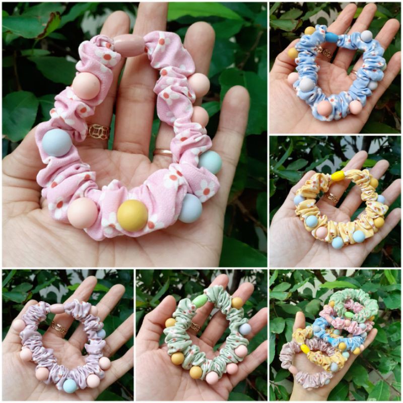 Cột tóc Scrunchies hoa cúc đính hạt tròn siêu xinh