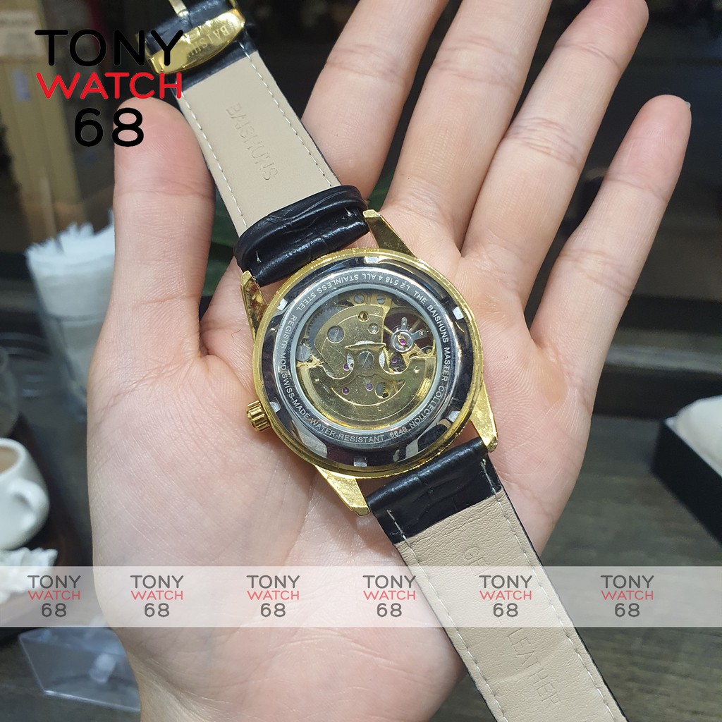 Đồng hồ cơ nam lộ máy giá rẻ dây da chính hãng Baishuns chống nước Tony Watch