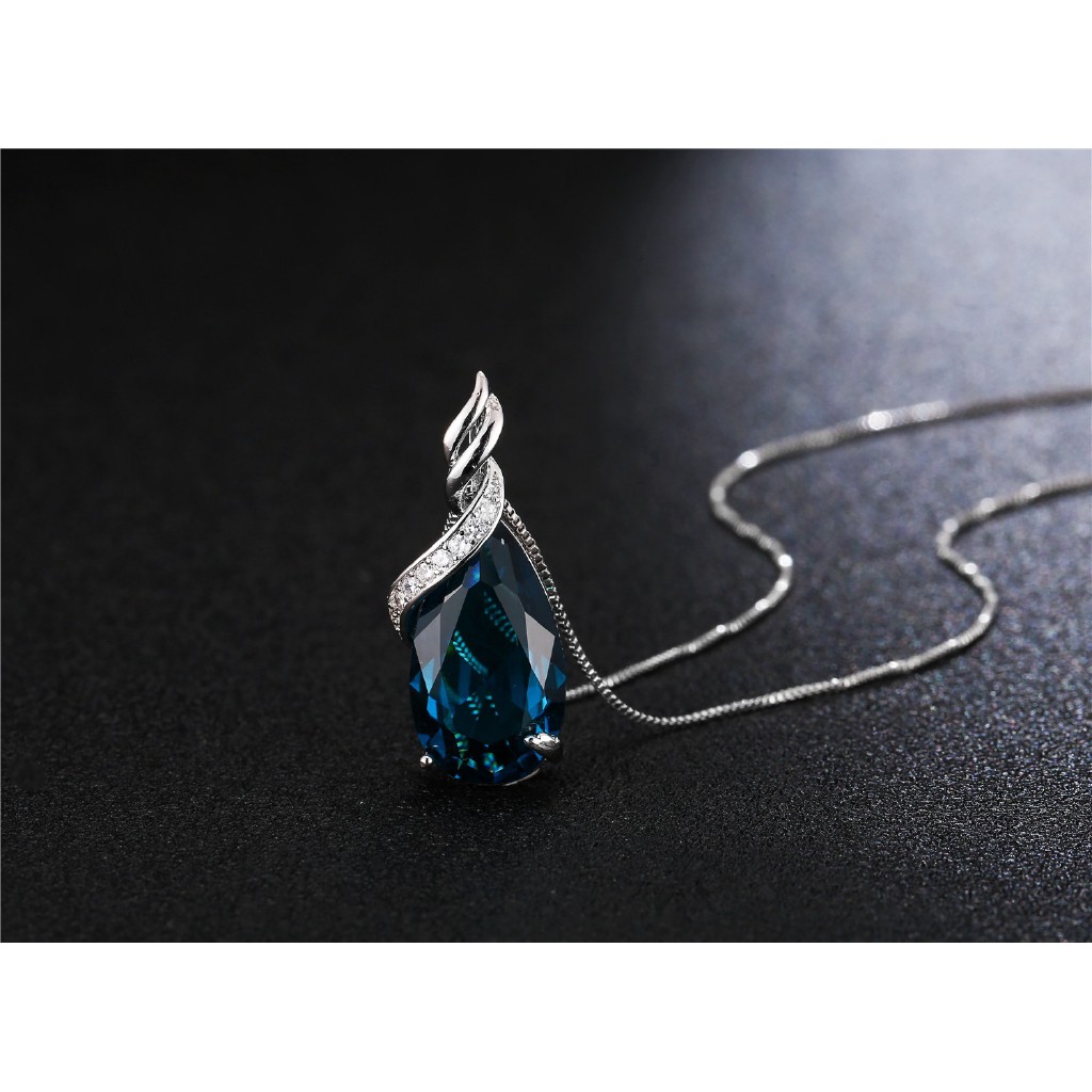 Dây chuyền mạ bạc 925 trang trí mặt hình giọt nước màu xanh dương sapphire phong cách Hàn Quốc 2593