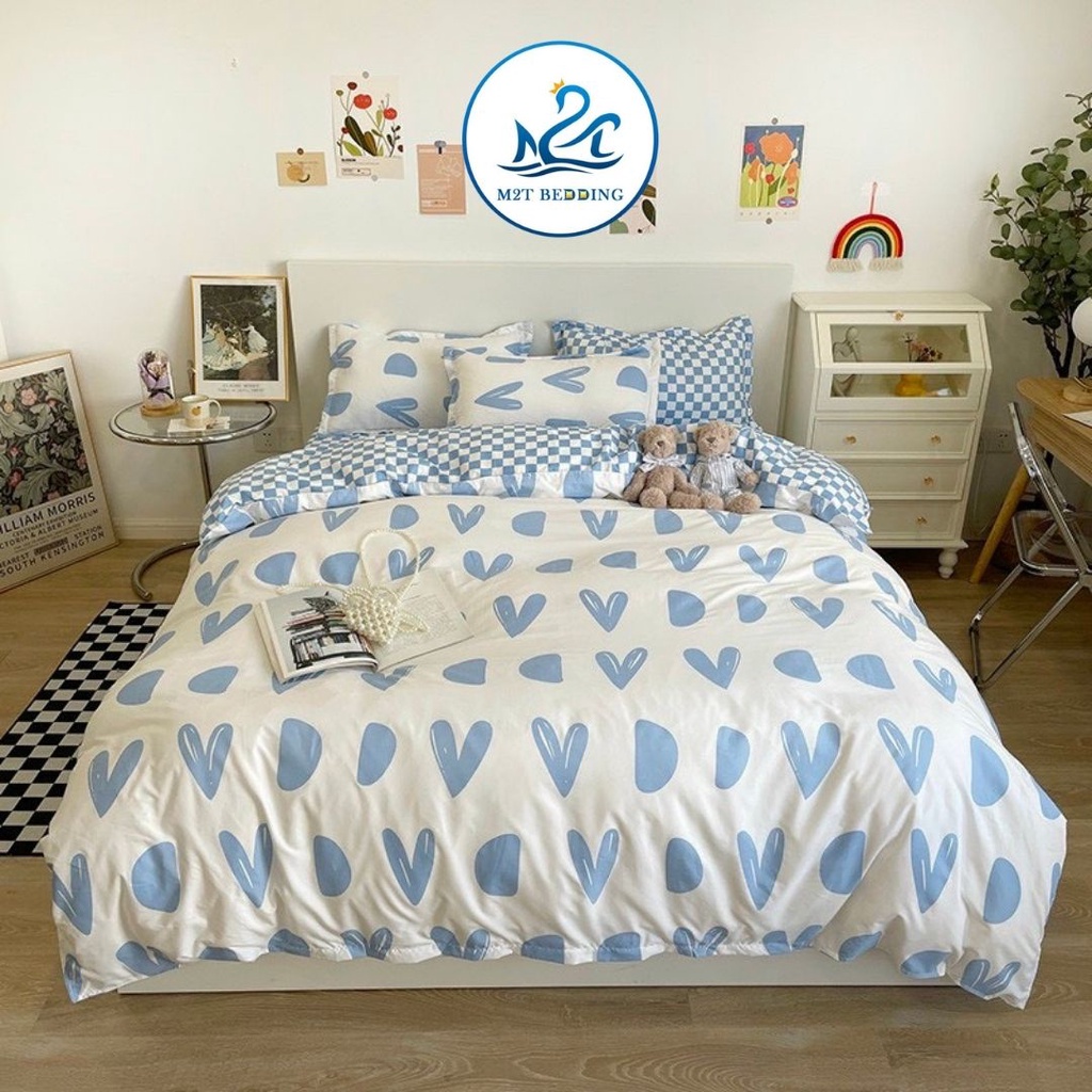 Bộ chăn ga gối Cotton poly M2T bedding gồm vỏ chăn mền, drap ga giường và 2 vỏ gối nằm - PL TIm khuyết xanh