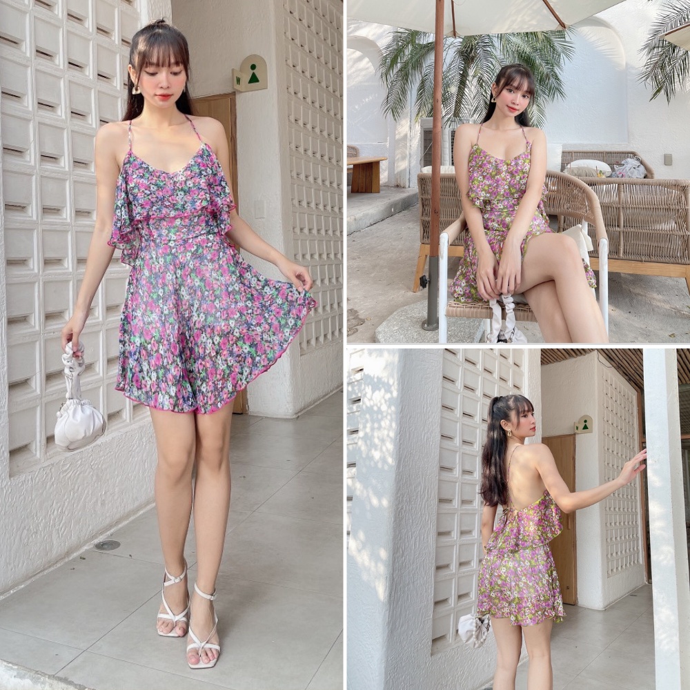 Đầm 2 dây nữ, đầm nữ voan 2 dây from ngắn sexy có lớp lót hoạ tiết hoa tím SKUD-61A lovely.clother