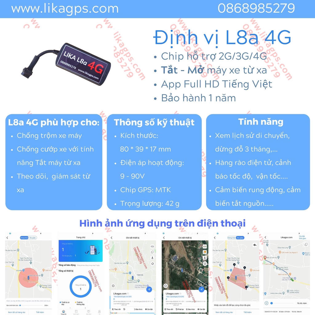 Định Vị Theo Dõi Xe Máy, Ô tô GPS L5, L8a 4G, L9 4G - Hỗ trợ 4G, Ứng dụng Tiếng Việt, đơn giản dễ sử dụng