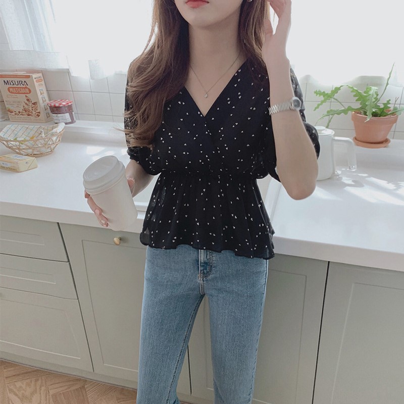 Áo voan kiểu ulzzang họa tiết chấm tim phong cách Hàn Quốc C18 - Maoshop