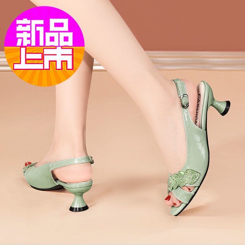 Giày Sandal Da Thật Hở Mũi Đính Đá Thời Trang 2022 Cho Nữ