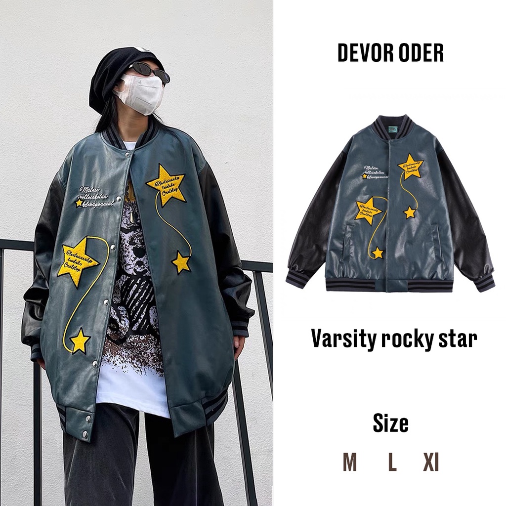 Áo khoác Jacket Bomber Varsity Rocky Star Da 2022 Unisex siêu dày dặn