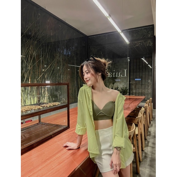 SET ÁO SƠ MI XANH + ÁO CROPTOP XANH 2 DÂY + QUẦN SHORT