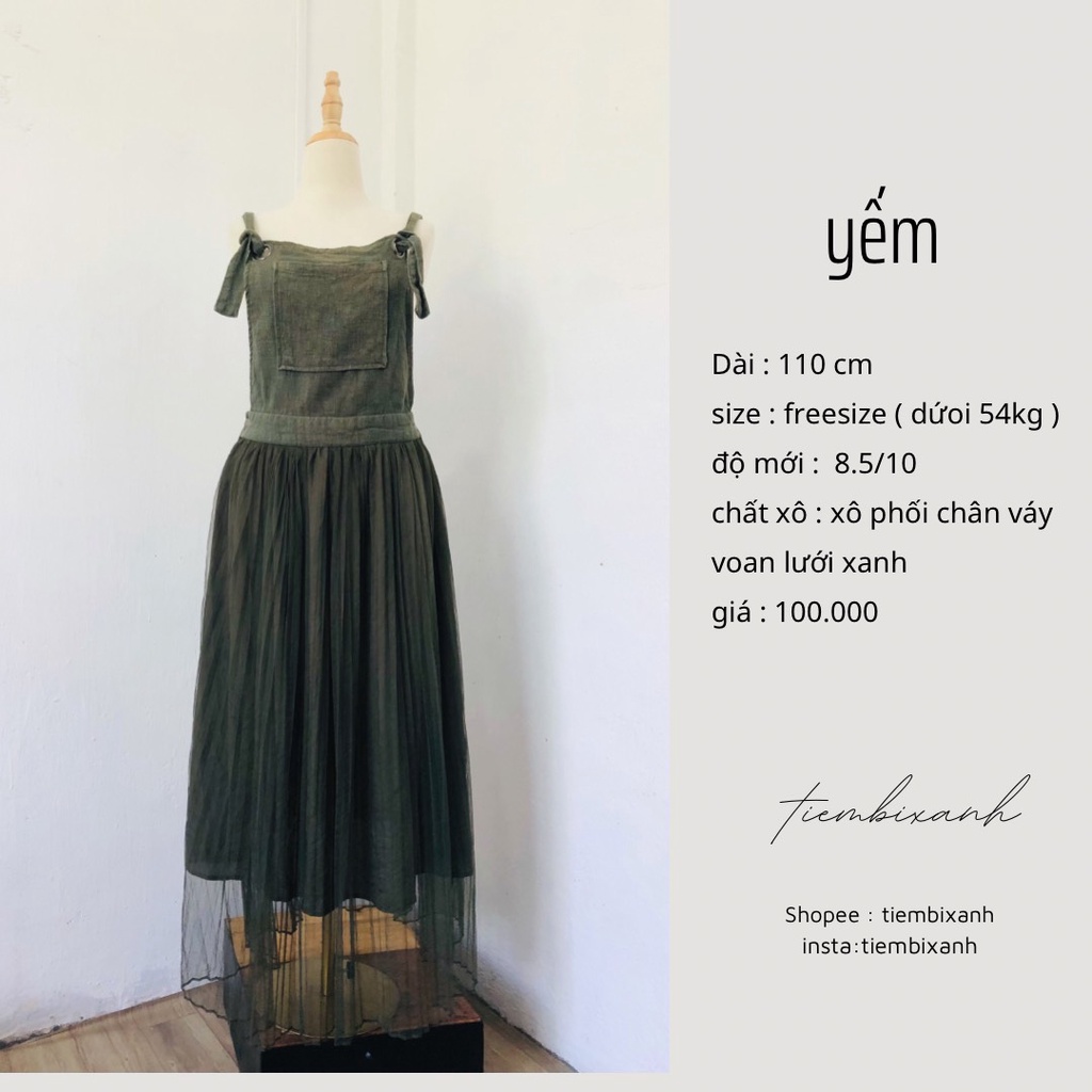2hand đầm yếm xô jean phối ren màu rêu D465 tiembixanh