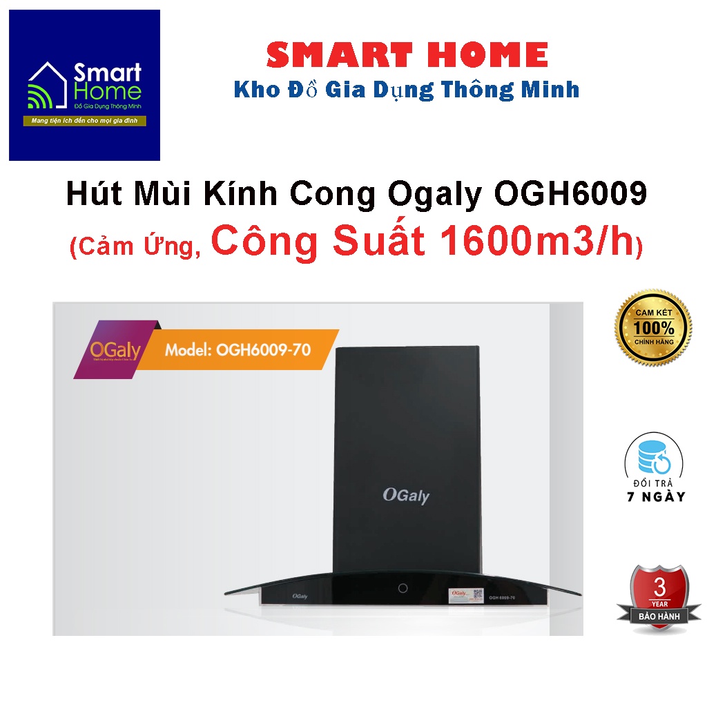 Hút mùi cảm ứng Ogaly OGH-6009 công suất hút khủng 1600m3/h, Hút Cực Êm. Bảo hành chính hãng 38 tháng