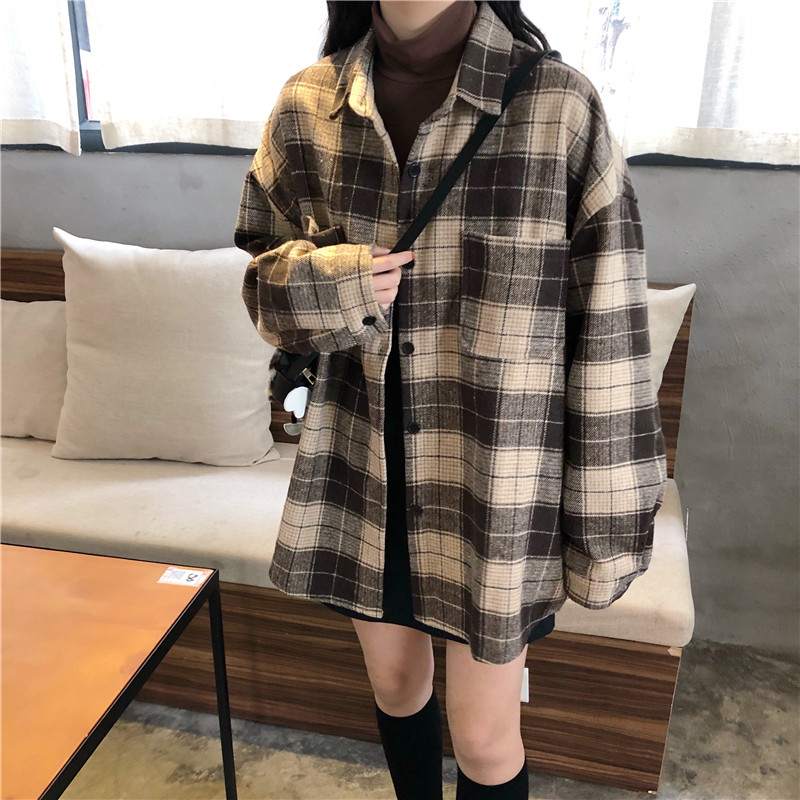 Áo sơ mi tay dài dáng rộng in họa tiết caro thời trang Hàn Quốc