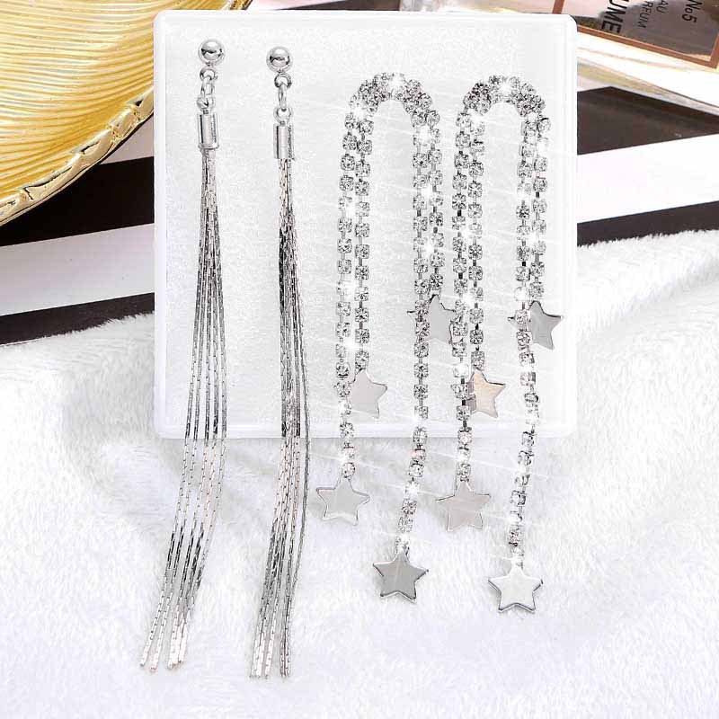 Bộ Hai Đôi Khuyên Tai Dáng Dài Đính Đá Phong Cách Hàn Quốc Cho Nữ