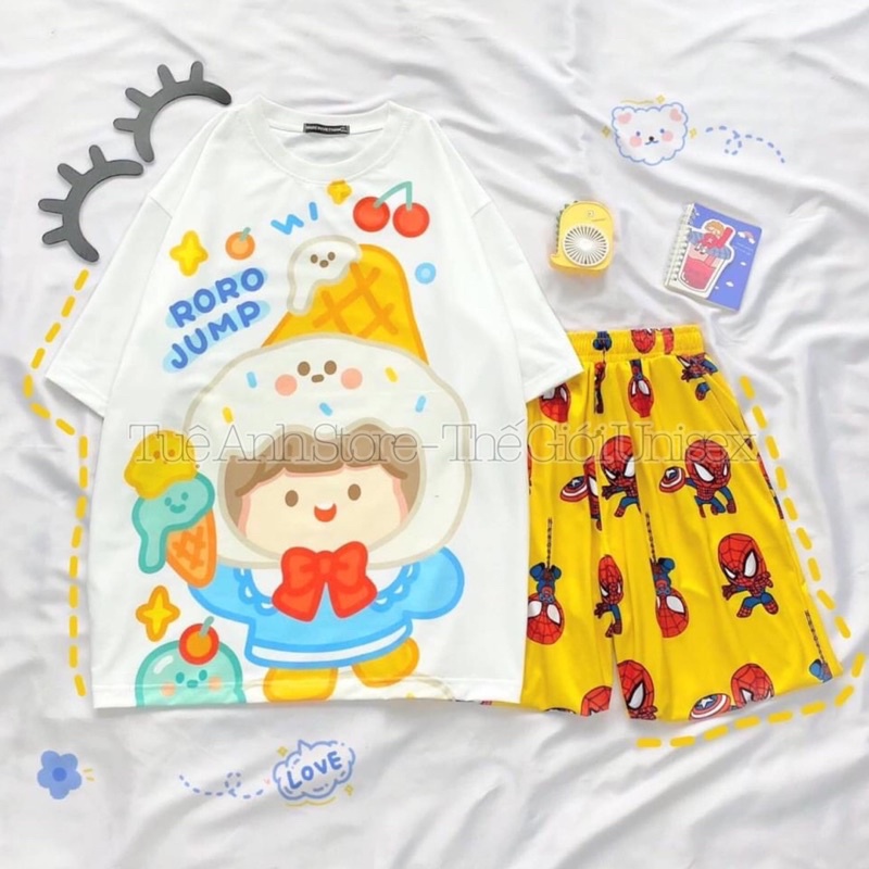 SET BỘ CARTOON MẪU MỚI HOẠT HÌNH ĐÁNG YÊU - BỘ ĐÙI QUẦN SHORT CARTOON PHỐI ÁO 3D FREESIZE 38-68KG