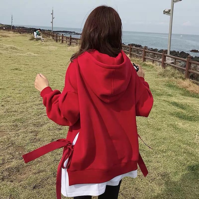 Áo hoodie nỉ form rộng tay dài dây buộc nơ sườn | WebRaoVat - webraovat.net.vn