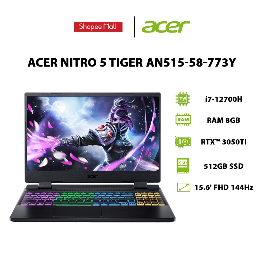 [ELGAME20 giảm 10%]Laptop Acer Nitro 5 Tiger (AN515-58-773Y) i7-12700H |GeForce RTX™ 3050Ti 4GB