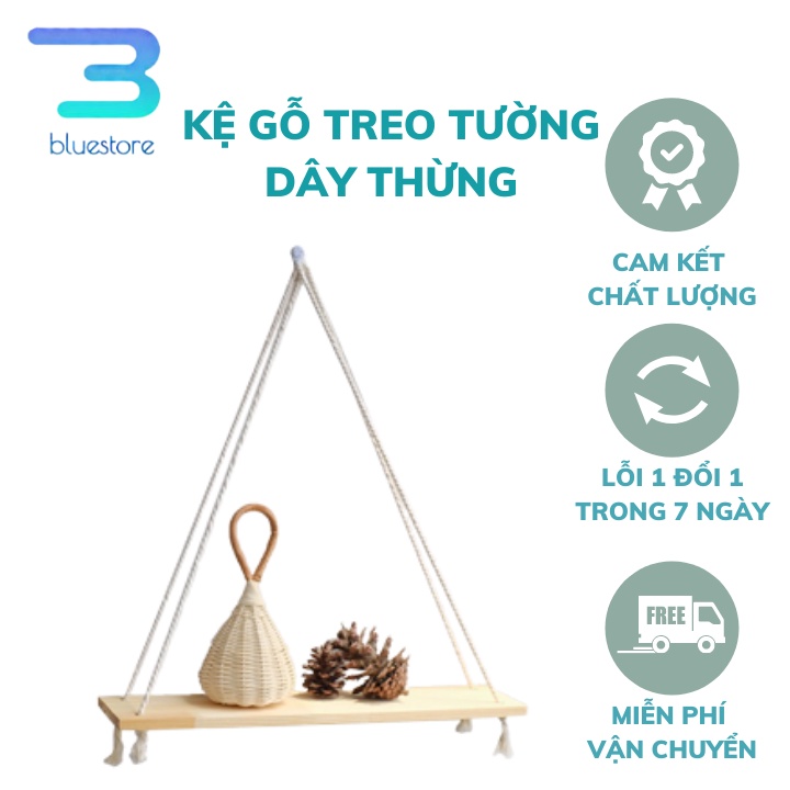 Kệ Gỗ Thông Treo Tường Dây Thừng BLUE STORE - Giá Treo Kèm Dây Trang Trí Phong Cách Hàn Quốc - Bảo Hành 6 Tháng