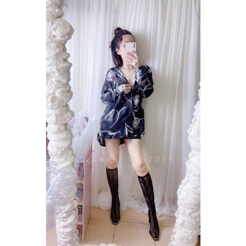 Sơ mi form dài dấu quần đen hoa trắng  bigsize, ảnh thật tự chụp
