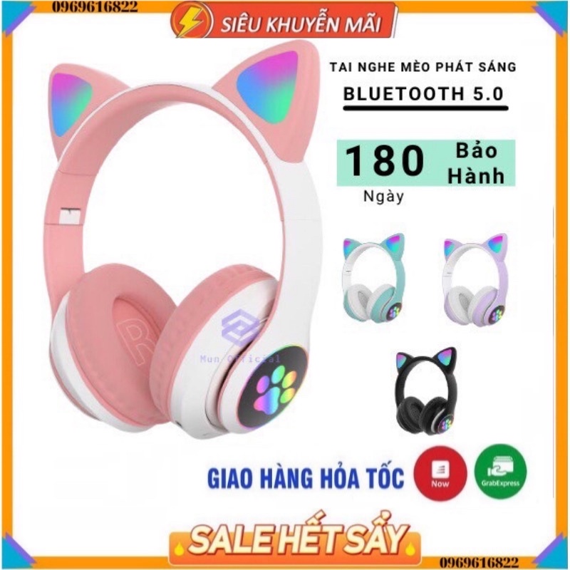 Tai nghe mèo bluetooth phát sáng STN28 - Tai nghe chụp tai mèo có mic kiểu dáng cute có khe cắm thẻ nhớ, Jack 3.5mm