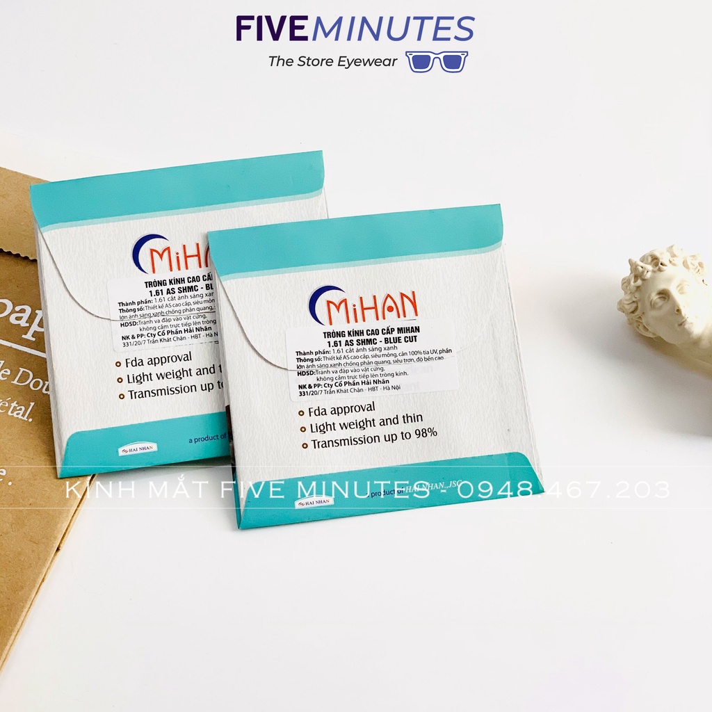 Tròng kính mắt cận 0-6 độ Mihan Hàn Quốc, mỏng nhẹ chống bám nước, chống AS Xanh hiệu quả Five Minutes