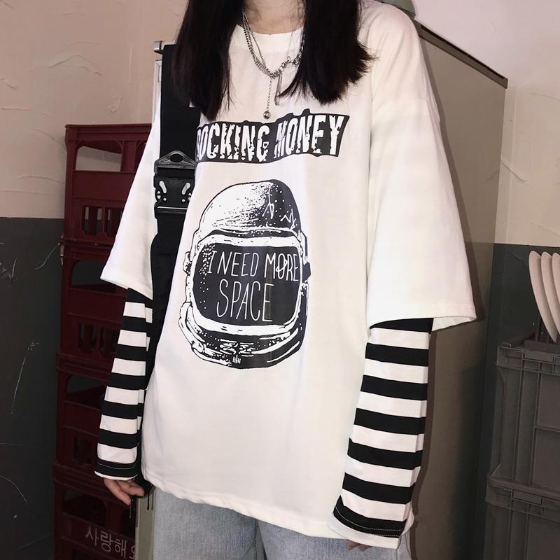 Áo Thun Giả Hai Lớp Tay Dài Dáng Rộng Họa Tiết Kẻ Sọc Thời Trang Xuân Thu Có Size Lớn 150Kg Cho Nữ 240 Phút