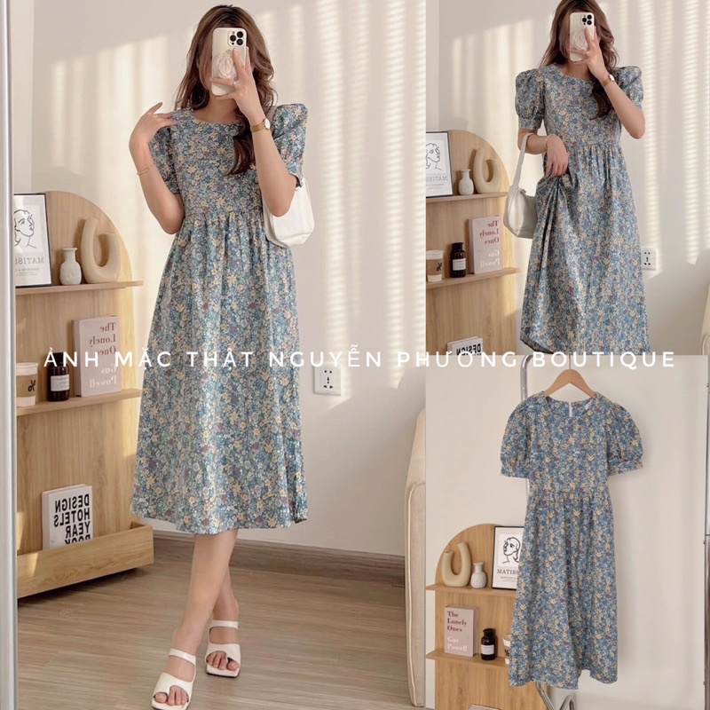 Váy hoa nhí cỏ babydoll cổ tròn có dây đai buộc eo thon gọn đầm dễ thương