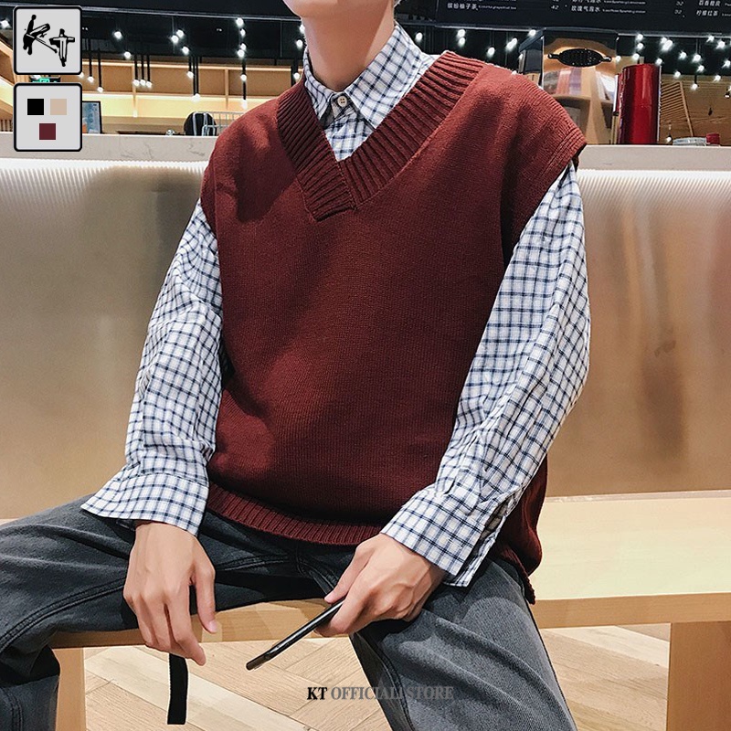 Áo sweater KT M01dệt kim không tay cổ chữ V dáng rộng thời trang Hàn Quốc cho nam và nữ size M-3XL