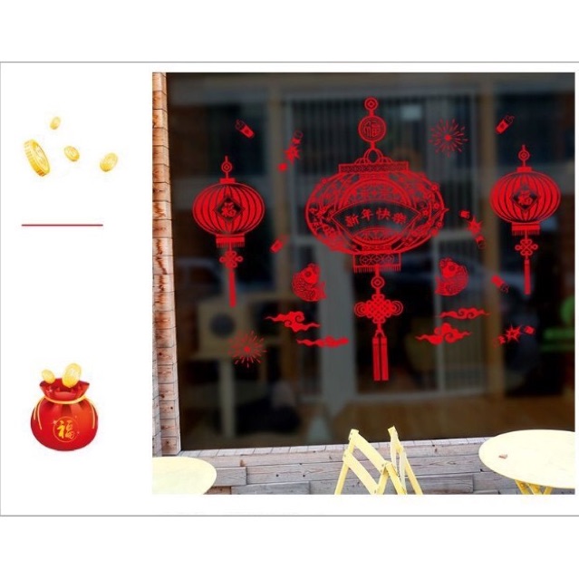 Decal dán Tết - Lồng đèn Quạt đỏ mới Tân Xuân